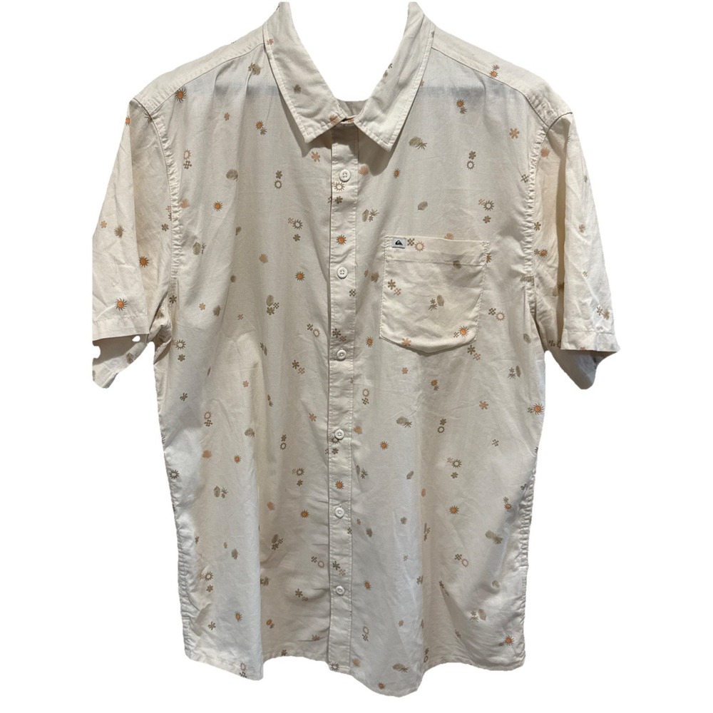 Quiksilver Mens Button Up Hawaiian Shirt Size L Beige Pineapple Sun Casual